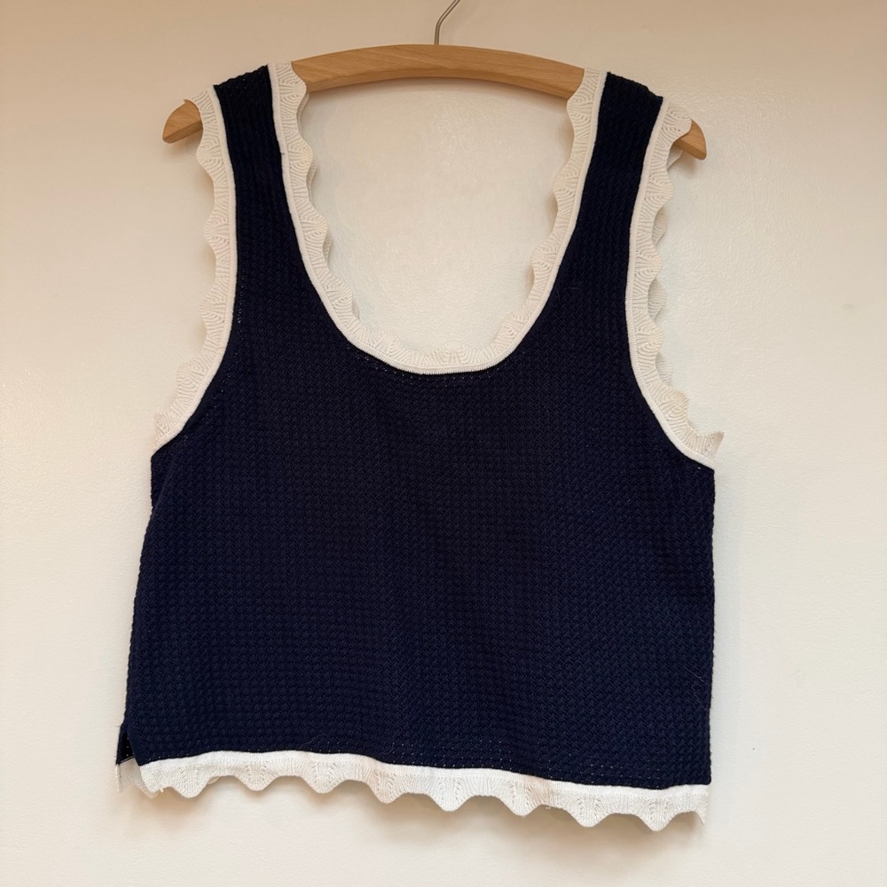 Maeve Navy and White Scalloped Crop Top